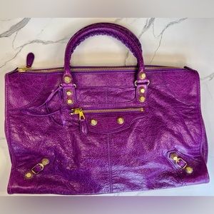 BALENCIAGA 2013 Ultra Violet Purple Work Leather Bag with Giant 12 Gold Hardware